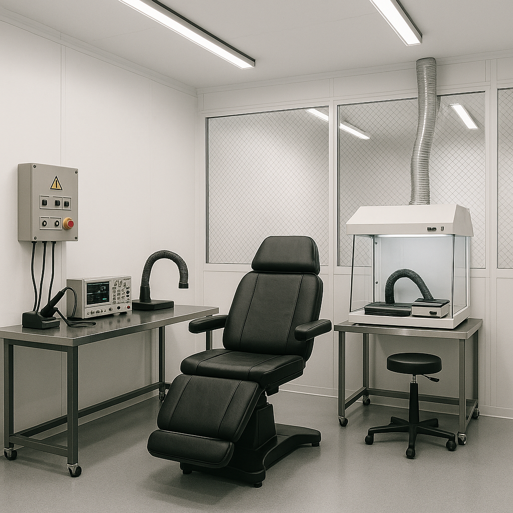 Clean room workspace with organized tools, pegboard, and fume extraction